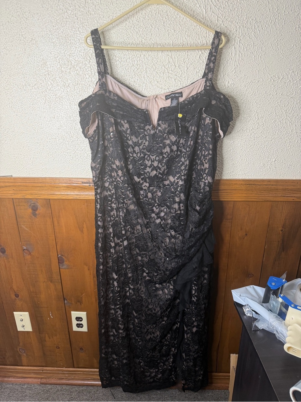 Black Lace Overlay Evening Dress with Pink Lining